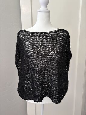 Sarah Pacini Italy Black Open Knit Mesh Top Poncho Lagenlook Oversized OSFM